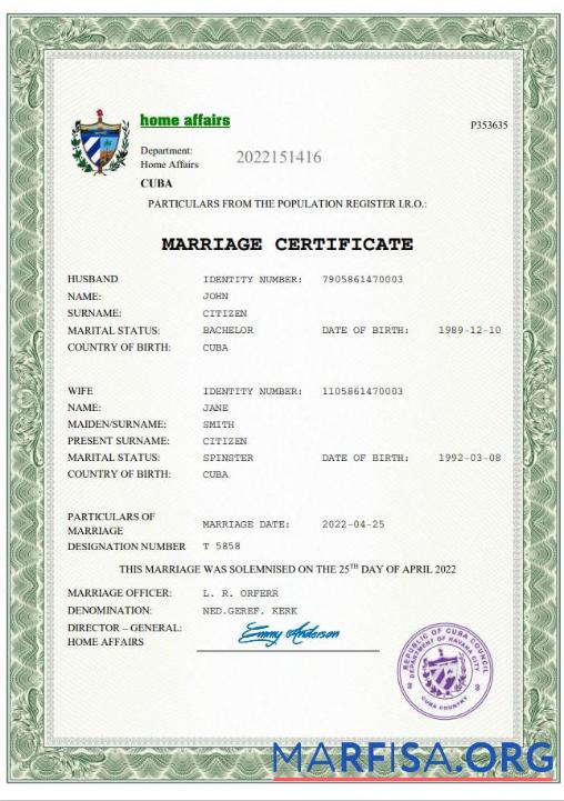 Printable Cuba marriage certificate Word and PDF template